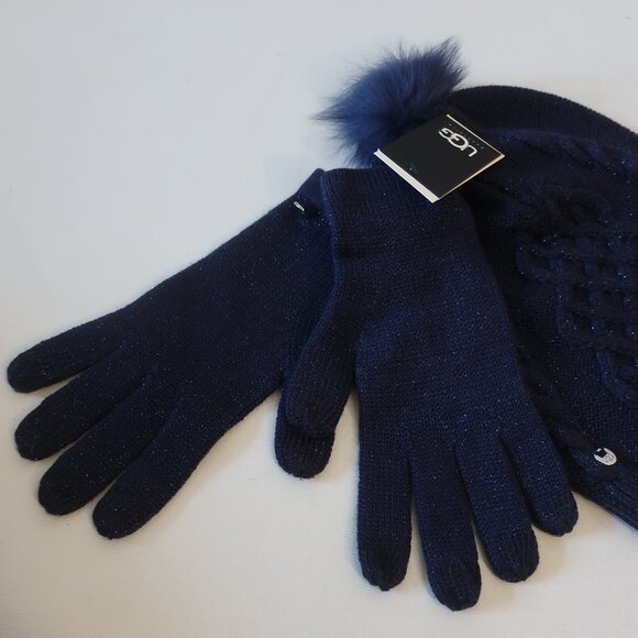 NWT Womens Ugg Blue Metallic Peacot Wool Blend Hat and Glove Blime Gift Set OS - Picture 4 of 8